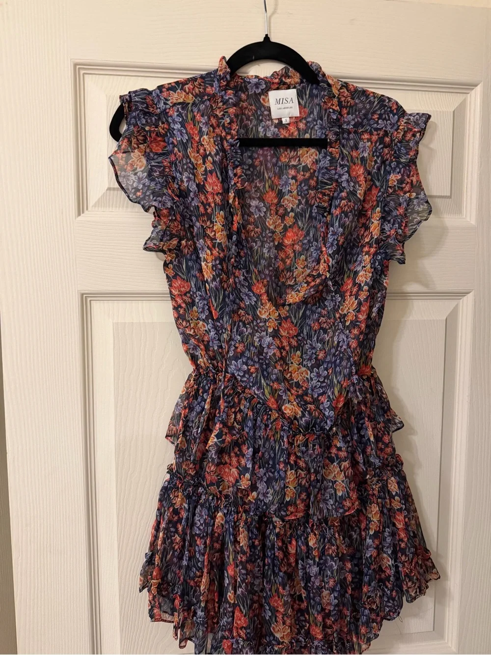 Misa Los Angeles Purple Floral Sheer Ruffle Blouse